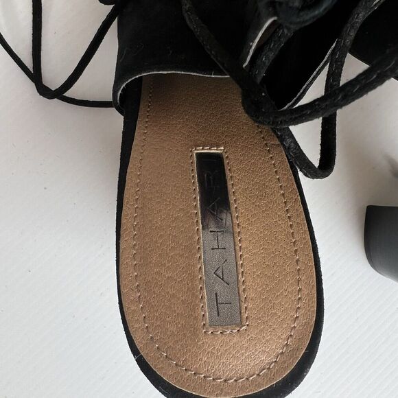 Tahari Women 10 Black Suede Leather Peep Toe Mules Strap Block Heel MEG - Picture 5 of 9